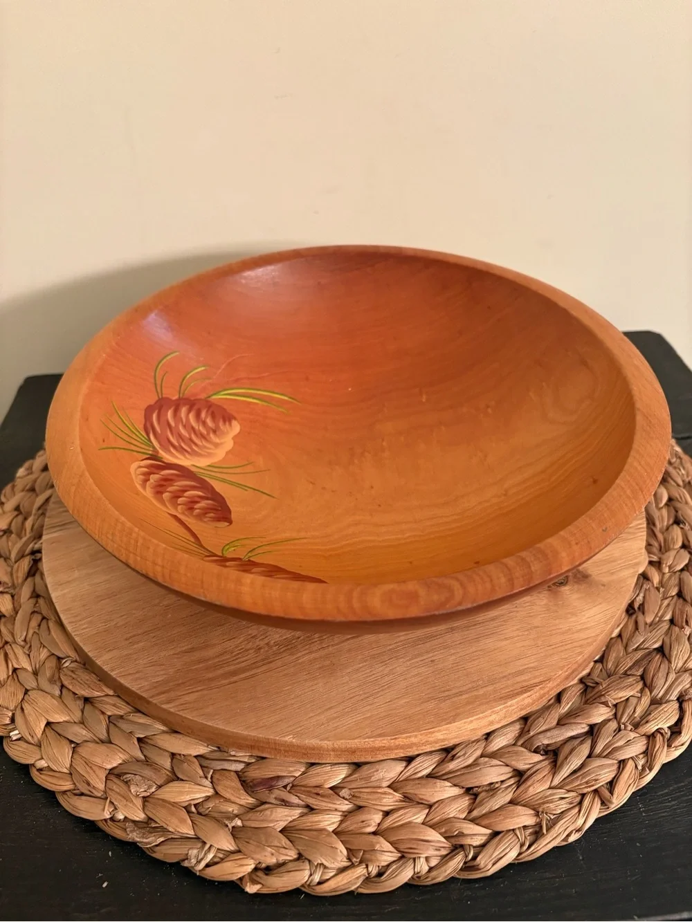 Hand-Painted Pinecone Wooden Serving Bowl — Warm Brown